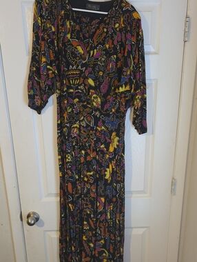 Vintage Black Floral-Print Long Sleeve Maxi Dress 3/4 Sleeve